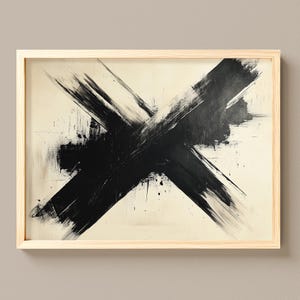 Pintura abstracta con pinceladas en negro intenso sobre fondo crema envejecido (descarga digital) 557