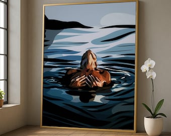 Lienzo de mujer serena flotando, relajándose en el agua, arte de pared de natación tranquila, arte corporal abstracto moderno, decoración de lienzo tranquila y pacífica.