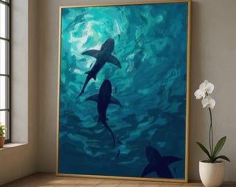 Diepe oceaanhaaien canvas muurkunst, onderwater zeeleven print, blauwe zee dieren illustratie, oceaan dieren in het wild decor, natuur muur hangen