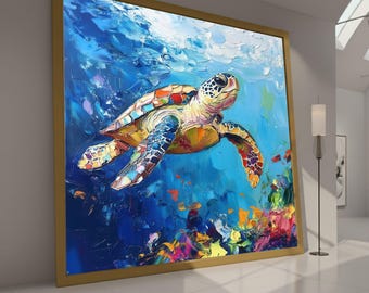 ハワイのホヌウミガメの絵画、鮮やかなサンゴ礁のアートプリント、水中