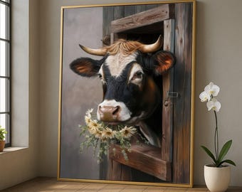 Rustiek koeportret canvas, boerderij dieren kunst aan de muur, koe met wilde bloemen boeket, landdecor canvas, schuurraamkunstwerk