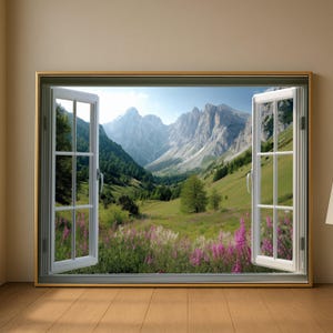 Könnte beinhalten: Gerahmter Druck, der eine Berglandschaft zeigt, die durch ein offenes Fenster betrachtet wird. Das Fenster hat weiße Rahmen und zeigt ein Tal mit grünem Gras, Bäumen und lila Wildblumen. Die Berge sind hoch und grau, und der Himmel ist blau.