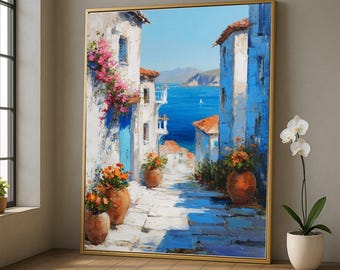 Mediterrane Küstendorf Leinwand, Kunst am Meer, Straßenszene, Wandkunst, Blaue und weiße Häuser, Blumentopfpflanzen, Segeltuch, Nautisch