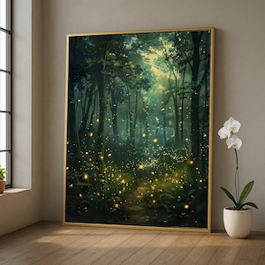 May include: A framed art print depicts a mystical forest scene. The artwork features a path leading into a dark forest with glowing yellow lights, possibly fireflies, illuminating the way. The trees are tall and green, with a golden frame.