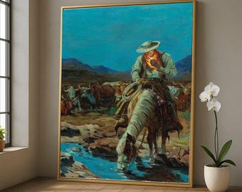 馬に乗ったカウボーイ牧場主、牛 - フィリップ・グッドウィンの手描き