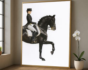 May include: A framed equestrian art print featuring a rider in formal attire on a black horse. The horse is in a dressage pose, with one leg raised. The artwork is set against a white background, framed in gold.