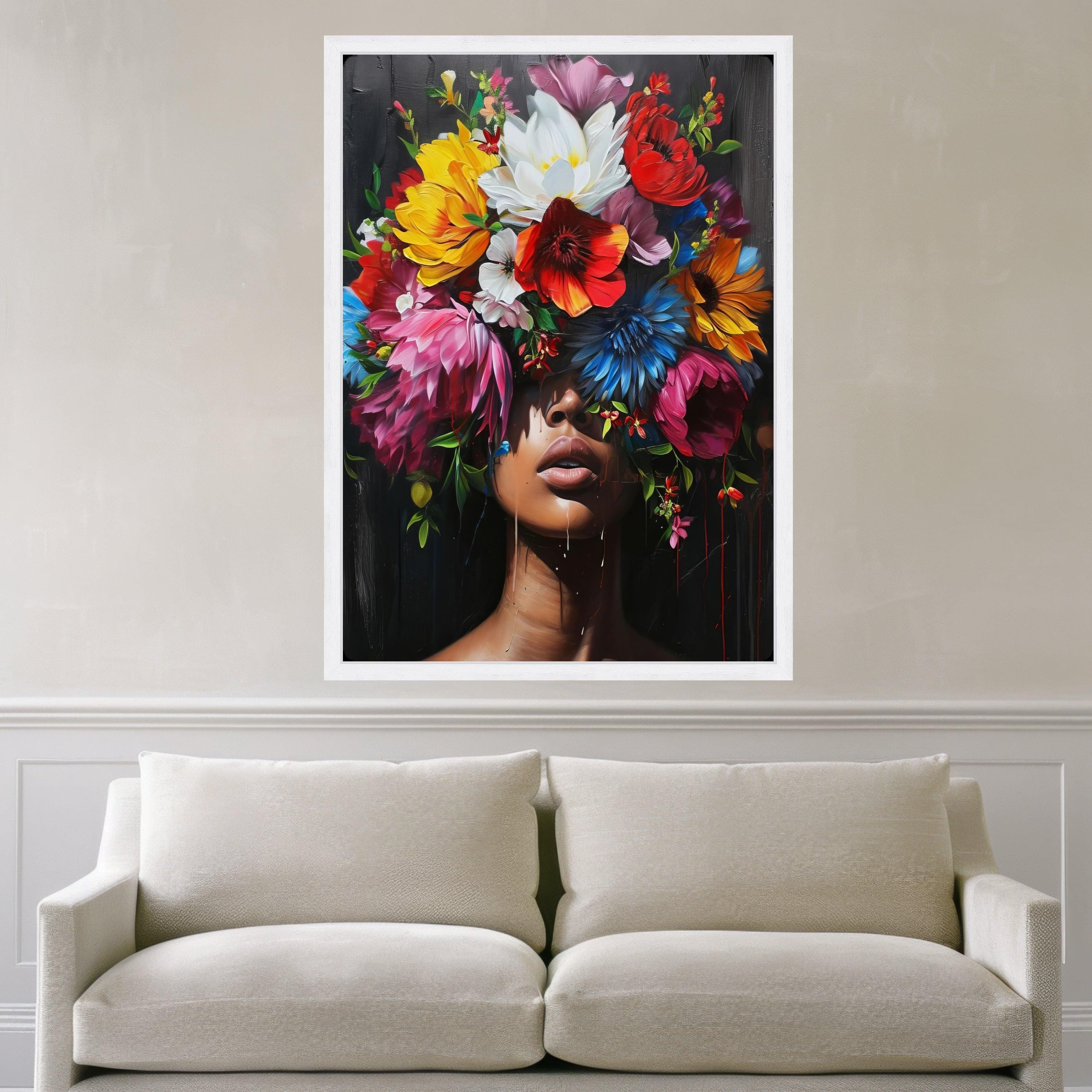 Vibrant Floral Crown Portrait Canvas, Colorful Woman Face Wall Art ...