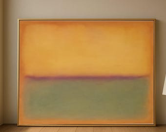May include: Abstract painting with a gold frame. The artwork features a gradient of colors, with a yellow-orange upper section, a thin purple band, and a green lower section. The painting is displayed on a wooden floor.