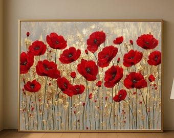 Red Poppy Flowers Canvas, Gold Floral Wall Art, Modern Botanical Painting, Vibrant Nature Canvas Decoration, Ready to Hang