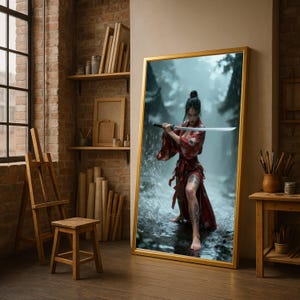May include: A framed print featuring a woman in a red kimono holding a katana sword. The artwork has a gold frame and depicts a rainy forest scene. The woman has tattoos on her legs and is in a combat stance.