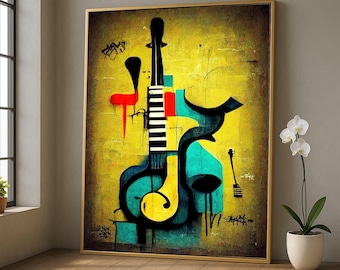 Abstracte muziekinstrumenten, canvas moderne kunst, jazzmuziekschilderij, kleurrijk muurdecor, hedendaagse canvas muurkunst