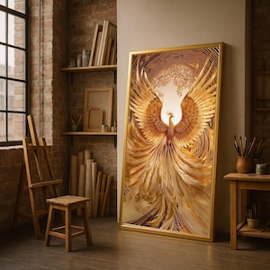 Majestic Golden Phoenix Canvas, Fantasy Bird Wall Art, Ornate Feather Design, Mythical Creature Canvas, Elegant Home Decoration