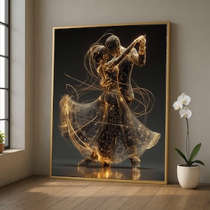 May include: A framed artwork depicts a couple dancing, rendered in gold against a dark background. The dancers are stylized with glowing lines, suggesting movement and energy. The artwork is displayed in a room with a window and a potted orchid.