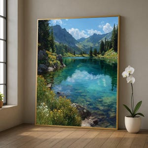 May include: A framed landscape painting of a tranquil mountain lake. The water is a vivid turquoise, mirroring the sky and mountains. The shoreline is adorned with verdant trees and yellow wildflowers. The artwork is presented in a gold frame.