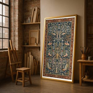 Puede incluir: Un tapiz enmarcado con un borde dorado, que presenta un patrón detallado de árboles, pájaros y elementos florales en tonos de azul, verde y rojo. La obra de arte está apoyada contra una pared en una habitación con un caballete y un pequeño taburete de madera.