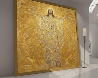 Golden Christ Figure Canvas Wall Art, Gustav Klimt Religious Painting, Sacred Spiritual Canvas, Decorative Christian Wall Decor, Ready to