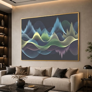 May include: A large rectangular wall art piece featuring abstract, flowing wave patterns in shades of blue, green, yellow, and purple against a dark gray background, enclosed within a thin, metallic gold frame.