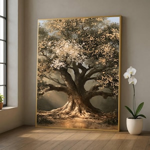 May include: A rectangular wall art print featuring a large, ancient tree with thick, textured bark and sprawling branches. The foliage is rendered in shades of brown, gold, and cream, with soft light filtering through the canopy onto the ground.