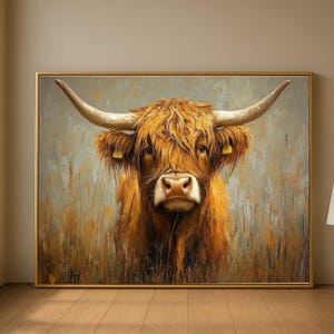 ハイランド牛のポートレートキャンバス、素朴な農場の動物のウォールアート、茶色の雄牛の絵画、自然のキャンバス装飾、田舎暮らしのホームデコレーション