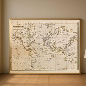 Vintage världskarta-canvas, antik magnetisk kurvkarta, sepiafärgad väggkonst, klassisk geografidekor, historisk karttryck, redo att hängas canvas