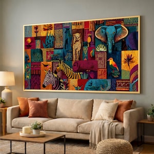 May include: A large, framed artwork featuring a vibrant patchwork design with African wildlife. The artwork includes zebras, an elephant, and a colorful bird, set against a backdrop of rich, textured patterns in various colors.