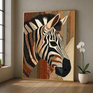 Tribal Zebra Head Canvas Wall Art, African Wildlife Animal Print, Ethnic Pattern Decor, Brown and Black Striped Canvas, Safari Wall Hanging