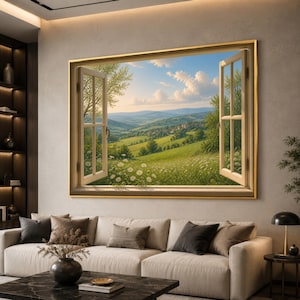 May include: A rectangular wall art piece featuring a trompe l'oeil window view of a rolling green landscape with white daisies in the foreground, distant hills, and a blue sky with clouds, all framed in a thin gold border on a light wall.