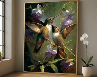 Colorful Hummingbirds Canvas, Floral Nature Wall Art, Bird Painting Canvas, Garden Decor, Living Room Artwork, Ready to Hang Canvas