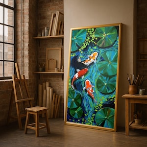 Puede incluir: Pintura enmarcada de peces koi nadando en un estanque con nenúfares. La obra presenta colores vibrantes, con peces rojos, naranjas y blancos sobre un fondo de agua azul y nenúfares verdes. El marco es dorado.