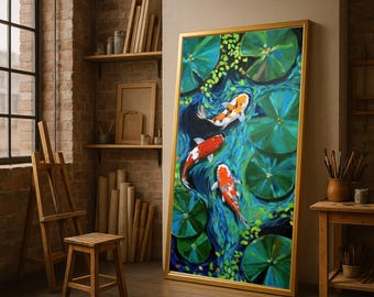 Vibrant Koi Fish Pond Canvas, Watercolor Koi and Lily Pads, Serene Nature Wall Art, Tranquil Water Garden, Home Decor Canvas Print