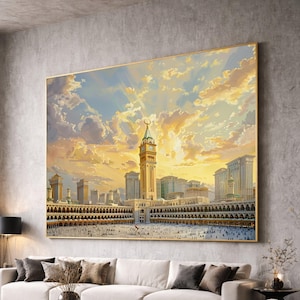 May include: Large framed painting depicting a cityscape with a prominent clock tower and numerous buildings. The artwork features a warm color palette of yellows, oranges, and blues, with a detailed depiction of architecture and a bustling crowd.