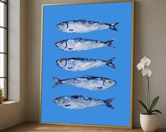 Blue Sardines Painting Canvas, Marine Fish Wall Art, Nautical Kitchen Decor, Sea Life Artwork, Coastal Canvas Print, Blue Background