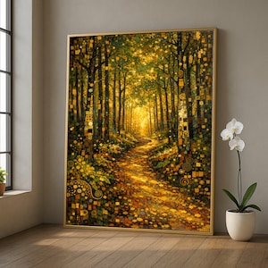 May include: A framed canvas art print depicts a sunlit forest path. The artwork features a golden color palette with detailed trees and a winding path. The style is reminiscent of pointillism, with small squares and dots of color.