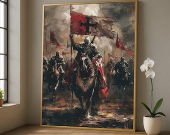 Medieval Knights Canvas Print – Crusader Battle Scene Wall Decoration, Templar Armor Art, Historical Warrior Painting, Ready to Hang.