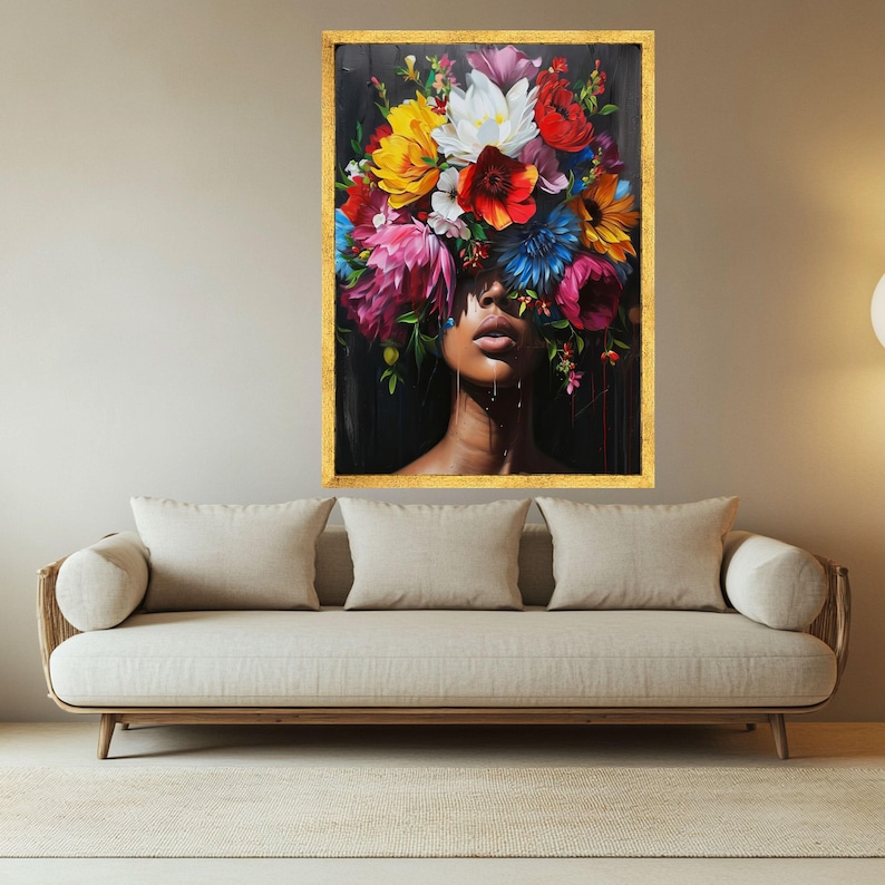 Vibrant Floral Crown Portrait Canvas, Colorful Woman Face Wall Art ...