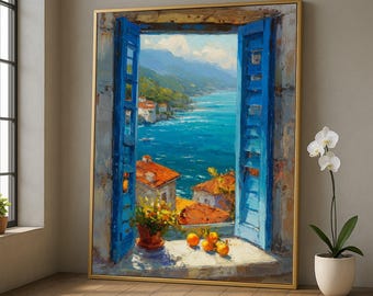 May include: Oil painting of a coastal scene viewed through a blue window. The artwork depicts a vibrant blue sea, orange-roofed buildings, and a pot of flowers. Several oranges sit on the windowsill. The painting is framed in gold.
