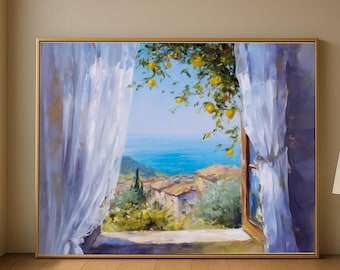 Mediterranean Seaside View, Open Window Canvas, Lemon Tree Wall Art, Coastal Landscape Canvas, Bright Nature Decor, Ready to Hang Art