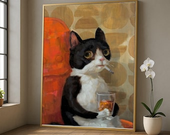 Tela com um gato preto e branco peculiar, arte retrô de gato sentado, pintura de animal bem-humorada, decoração de parede com tema de bebida e fumaça, impressão em tela exclusiva para casa.