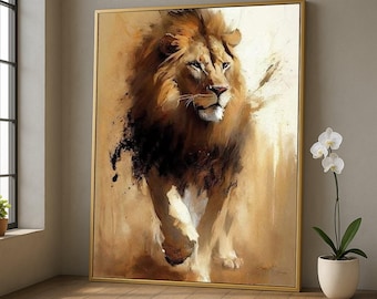 May include: A framed canvas art print of a lion in shades of brown and tan. The lion is depicted in a dynamic pose, with its front paw extended. The artwork has a painterly style, with visible brushstrokes and a textured appearance.