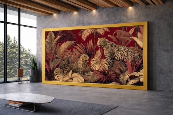 Majestic Leopard Duo Canvas, Tropical Jungle Wall Art, Exotic Wildlife Decor, Nature Canvas Painting, Elegant Animal Art Print
