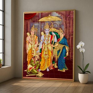 Canvastavla med familjen Lord Rama, hinduisk gudomsmålning, mytologisk indisk konst, Ramayana-temadekor, traditionell tempelväggbonad