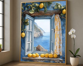 May include: A framed painting shows a window with open shutters overlooking a coastal scene. The window is painted blue, with lemons and a yellow patterned curtain. The view includes a blue sea and cliffs. Lemons sit on the windowsill.