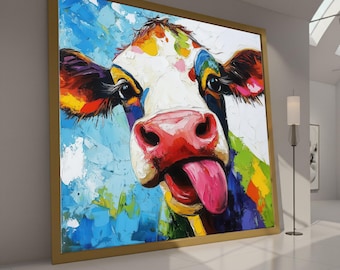 Playful Colorful Cow Canvas Wall Art, Modern Animal Portrait, Vibrant Farmhouse Decor, Pop Art Canvas, Fun Rustic Wall Decoration