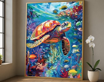 ハワイのホヌウミガメの絵画、鮮やかなサンゴ礁のアートプリント、水中