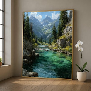 Puede incluir: Una pintura de paisaje enmarcada representa una escena de río de montaña. La obra presenta un río turquesa claro que fluye a través de un valle, rodeado de acantilados rocosos y árboles de hoja perenne. El cielo es azul con nubes blancas esponjosas.