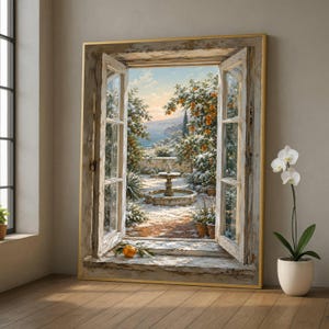 Könnte beinhalten: Ein gerahmter Kunstdruck zeigt ein offenes Fenster mit Blick auf einen verschneiten Garten mit Orangenbäumen und einem Steinbrunnen. Der Fensterrahmen ist aus verwittertem Holz, eine einzelne Orange liegt auf dem Sims. Eine weiße Orchidee steht daneben.