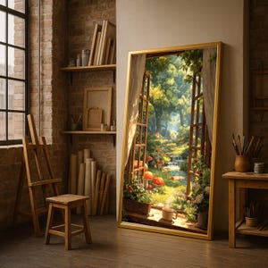 Puede incluir: Una obra de arte enmarcada representa una escena de bosque vibrante vista a través de una ventana abierta. La obra presenta un marco dorado, exuberante vegetación, setas rojas y un pequeño arroyo. Una taza de café está en el alféizar. La escena está en un estudio.