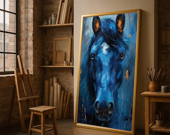 青い馬 I - フランツ・マルクの手描き油絵複製、男性的な馬が頭を傾け