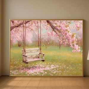 Vintage Garden Swing Canvas, Pink Cherry Blossom Tree, Floral Wall Art, Springtime Landscape Canvas, Romantic Outdoor Decor, Ready to Hang