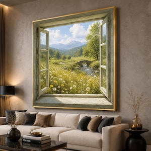 May include: A large square wall art piece featuring a trompe l'oeil window view of a lush green meadow with white and yellow wildflowers, a flowing stream, a stone bridge, and distant mountains under a bright blue sky with white clouds.